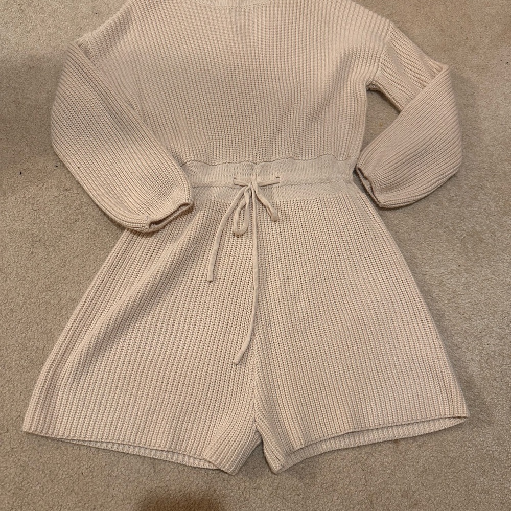 Cream Knit Sweater Romper Cozy Lounge Tie Waist Size M - Picture 1 of 5